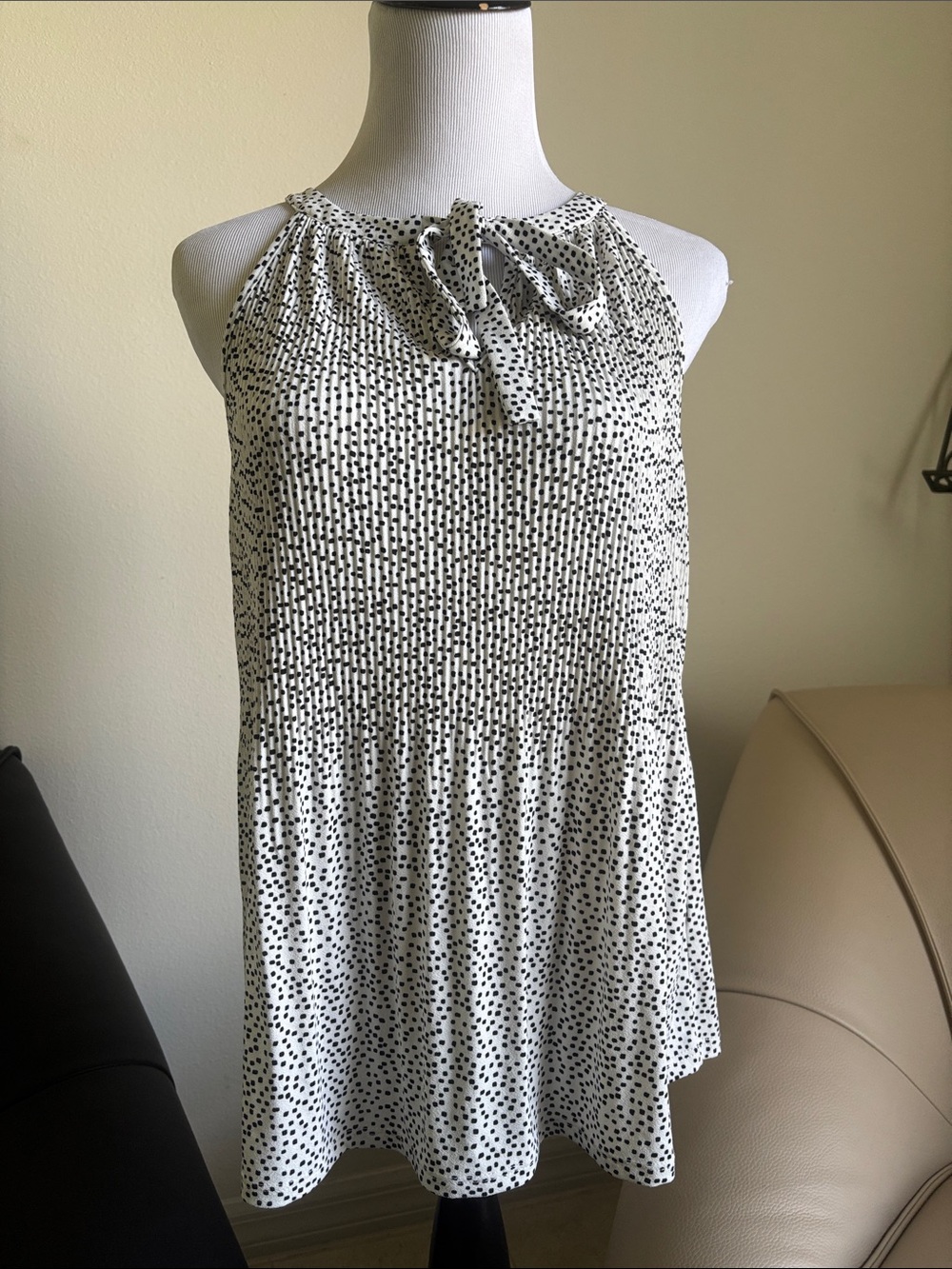 Adrianna Papell White Halter Tie-Neck Polka Dot top